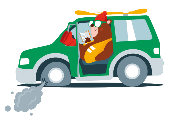 Zeichnung in Comic-Stil von einem Bären, der in einem Auto mit plattem Reifen sitzt.