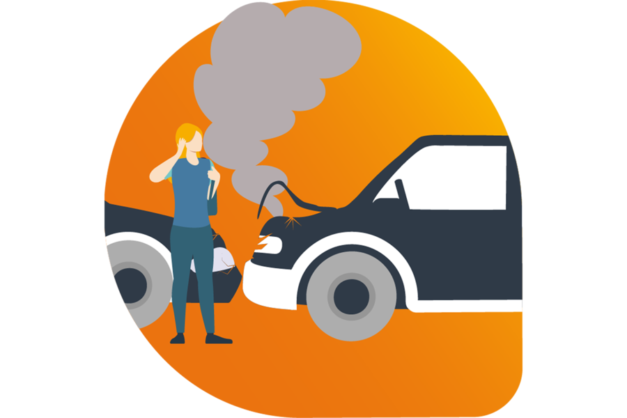 Illustration einer Frau, die vor einer qualmenden Motorhaube steht und sich die Hand an den Kopf hält