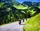 Motorradfahrer fahren im Sommer an Bergen vorbei