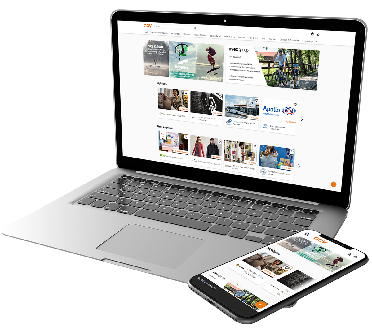 ACV Vorteilswelt auf einem Computer und Smartphone Bildschirm