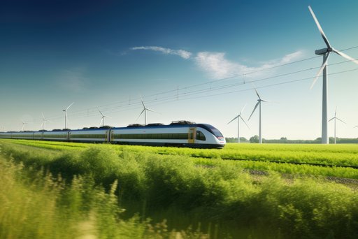 Zug fährt an Windmühlen vorbei