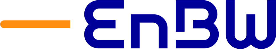Das EnBW-Logo mit einer breiten orangefarbenen Querstreife, gefolgt vom stilisierten blauen Schriftzug „EnBW“ auf weißem Hintergrund.
