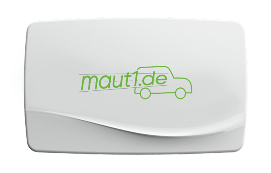 Ein weißes, rechteckiges elektronisches Gerät mit dem grünen Umriss eines Autos und der Aufschrift „maut1.de“; das Gerät weist an der Oberfläche ein glattes, geschwungenes Design auf.