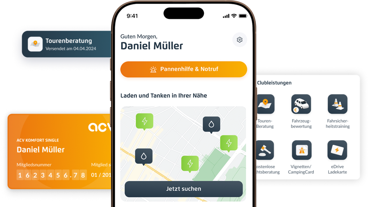 Ein Smartphone zeigt eine App mit einer Karte und Ladestationen an, die für Daniel Müller gekennzeichnet sind. Die umliegenden Karten zeigen Informationen zur Mitgliedschaft, Symbole für Clubdienste und eine Benachrichtigung über eine Besichtigung.