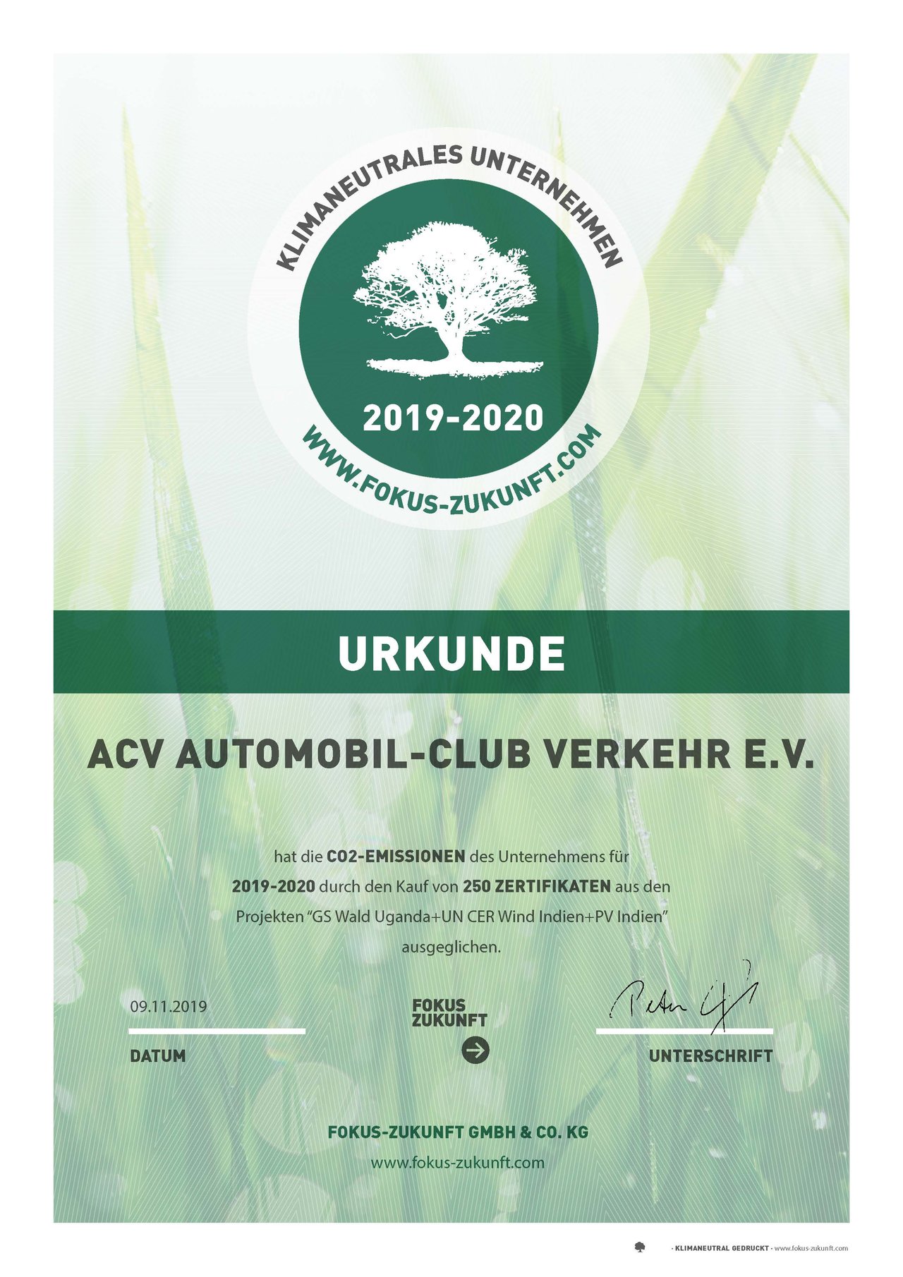 Klimaschutzurkunde des ACV