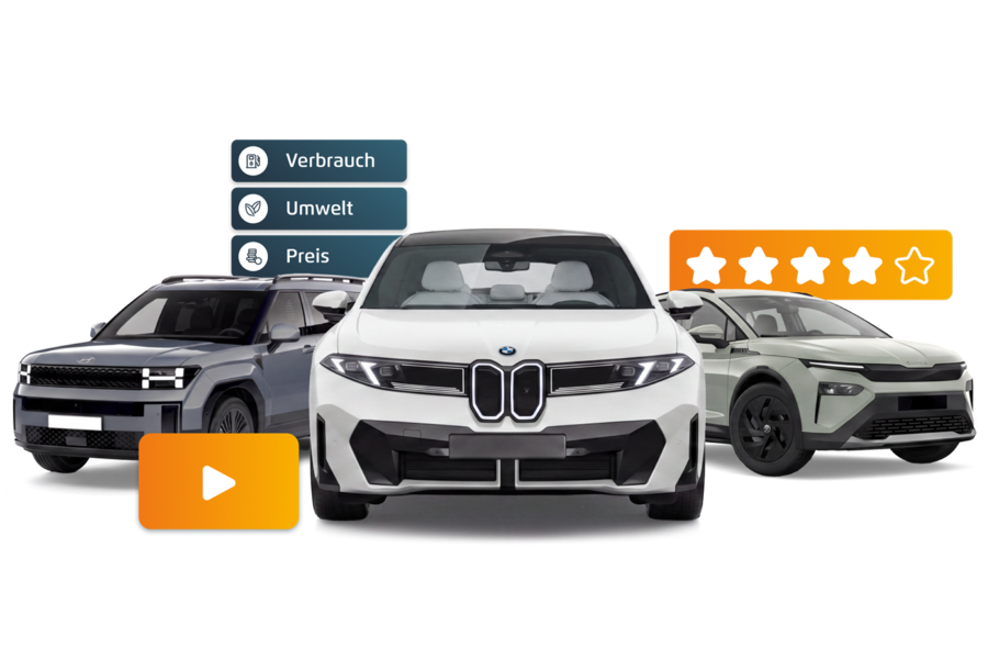 Es werden drei moderne Autos gezeigt. Überlagerungssymbole zeigen eine Bewertung mit vier von fünf Sternen, die deutschen Begriffe für „Verbrauch“, „Umwelt“ und „Preis“ sowie eine orangefarbene Wiedergabetaste an, was auf einen Fahrzeugvergleich oder eine Bewertung hindeutet.