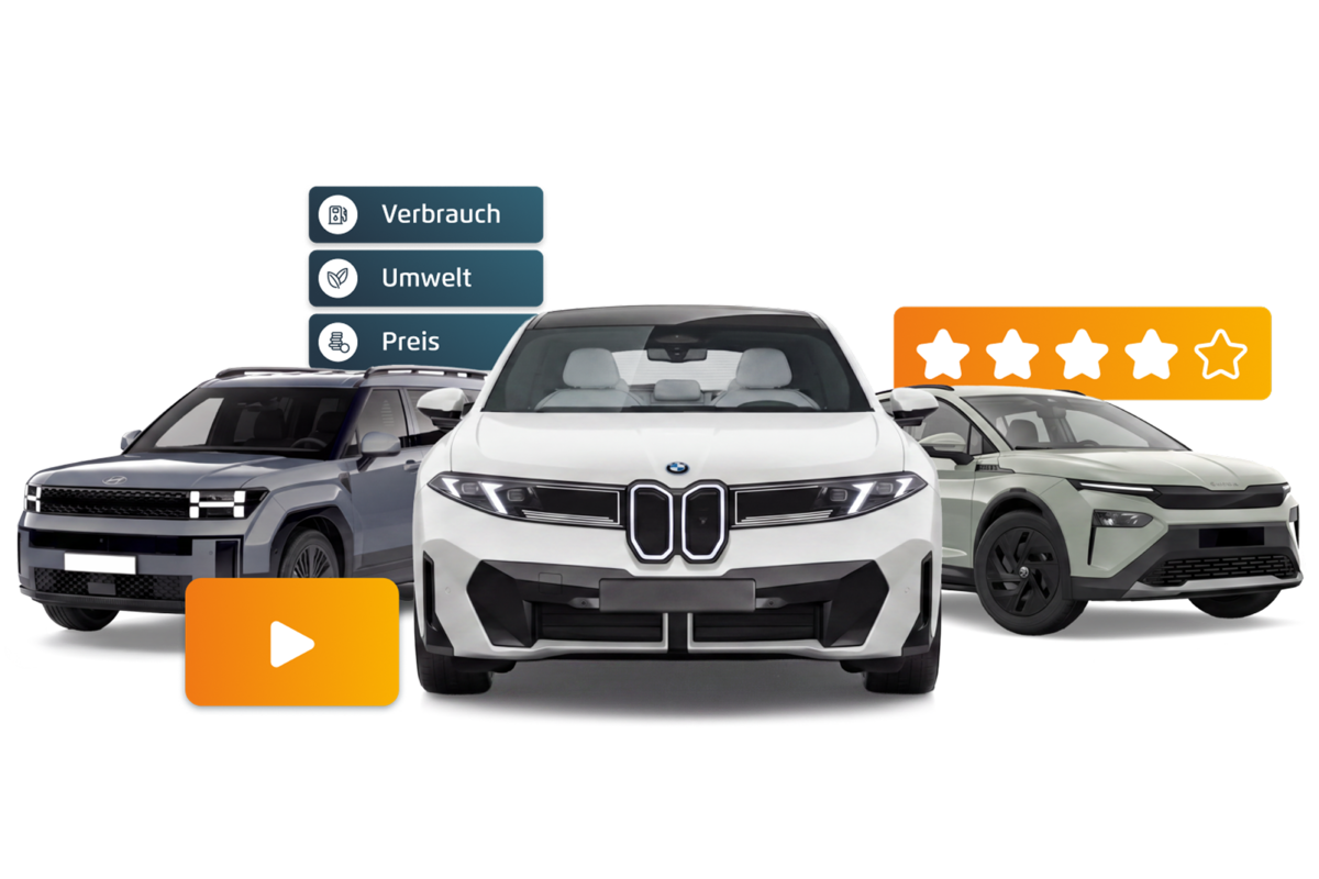 Es werden drei moderne Autos gezeigt. Überlagerungssymbole zeigen eine Bewertung mit vier von fünf Sternen, die deutschen Begriffe für „Verbrauch“, „Umwelt“ und „Preis“ sowie eine orangefarbene Wiedergabetaste an, was auf einen Fahrzeugvergleich oder eine Bewertung hindeutet.