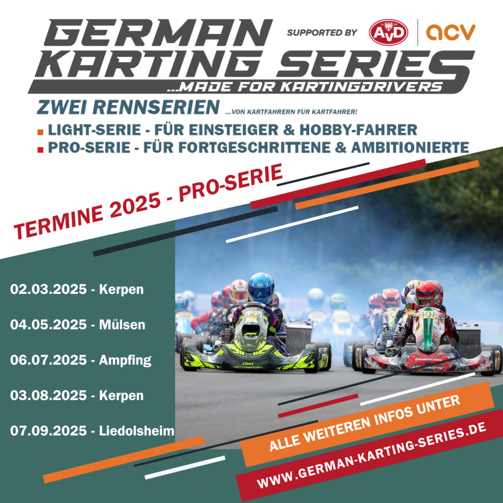 ACV German Karting Series: Werbeposter für die German Karting Series PRO 2025 mit einem Kartfahrer in Aktion im Vordergrund, begleitet von Texten zu Rennserien, Terminen und Veranstaltungsorten