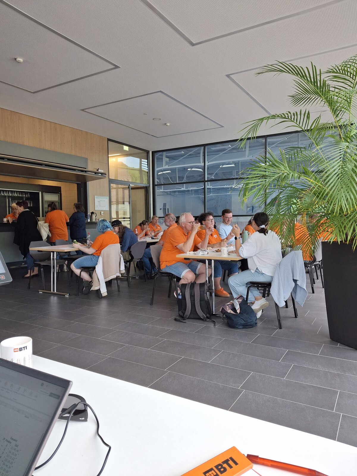 Menschen in orangefarbenen Hemden sitzen an Tischen in einer modernen Cafeteria mit großen Fenstern und einer hohen Topfpflanze und unterhalten sich. Einige bestellen an der Theke, während andere essen oder sich unterhalten.
