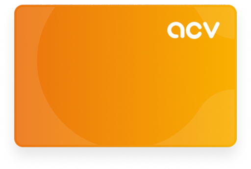 Eine rechteckige Karte mit einem leuchtend orangefarbenen Hintergrund und den weißen Kleinbuchstaben acv in der oberen rechten Ecke. Das Design ist einfach und modern mit abgerundeten Ecken.
