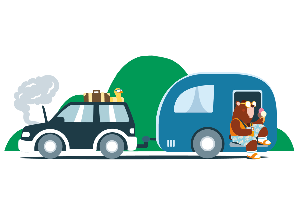 Illustration eines Autos mit qualmendem Motor, das einen blauen Wohnwagen zieht. Auf dem Auto liegt Gepäck, darunter ein gelbes Gummientchen. Ein Bär im Radleroutfit sitzt entspannt im Wohnwagen und isst ein Eis. Im Hintergrund sind grüne Hügel zu sehen.