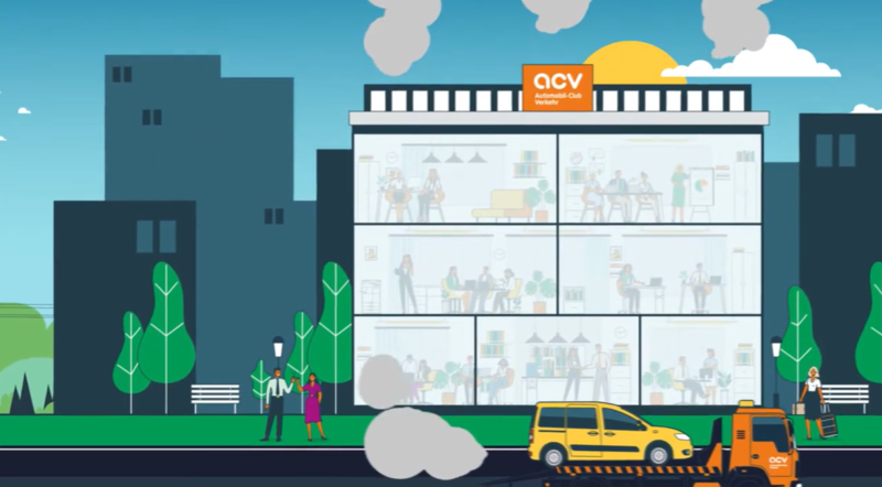 Illustration eines mehrstöckigen Bürogebäudes mit der Aufschrift ACV, in dem Menschen arbeiten und sich treffen. Draußen stehen zwei Personen auf dem Bürgersteig, und ein gelbes Taxi und ein Straßenreinigungsfahrzeug fahren vorbei, wobei Rauch in der Luft liegt.