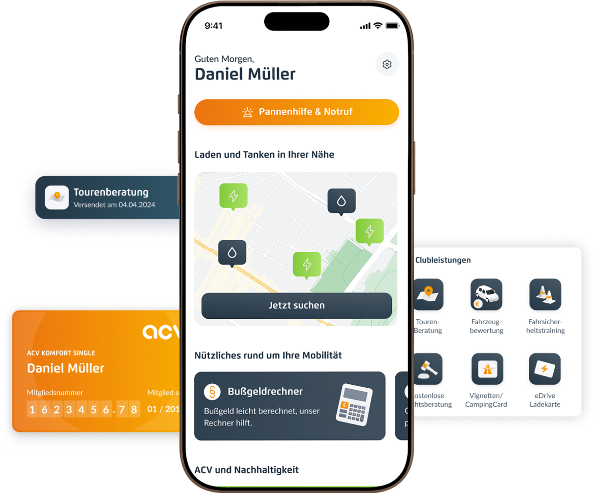 mockup von einem smartphone, auf dem die acv app geöffnet ist