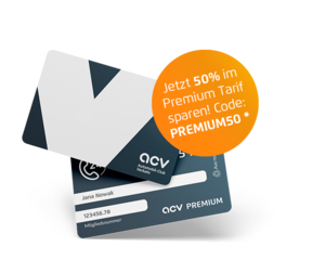 Eine ACV Mitgliedskarte mit modernem Design. Auf der Karte steht ein Hinweis auf 50 % Rabatt auf einen Premium-Service. Das Logo „ACV“ ist auf der Karte sichtbar.