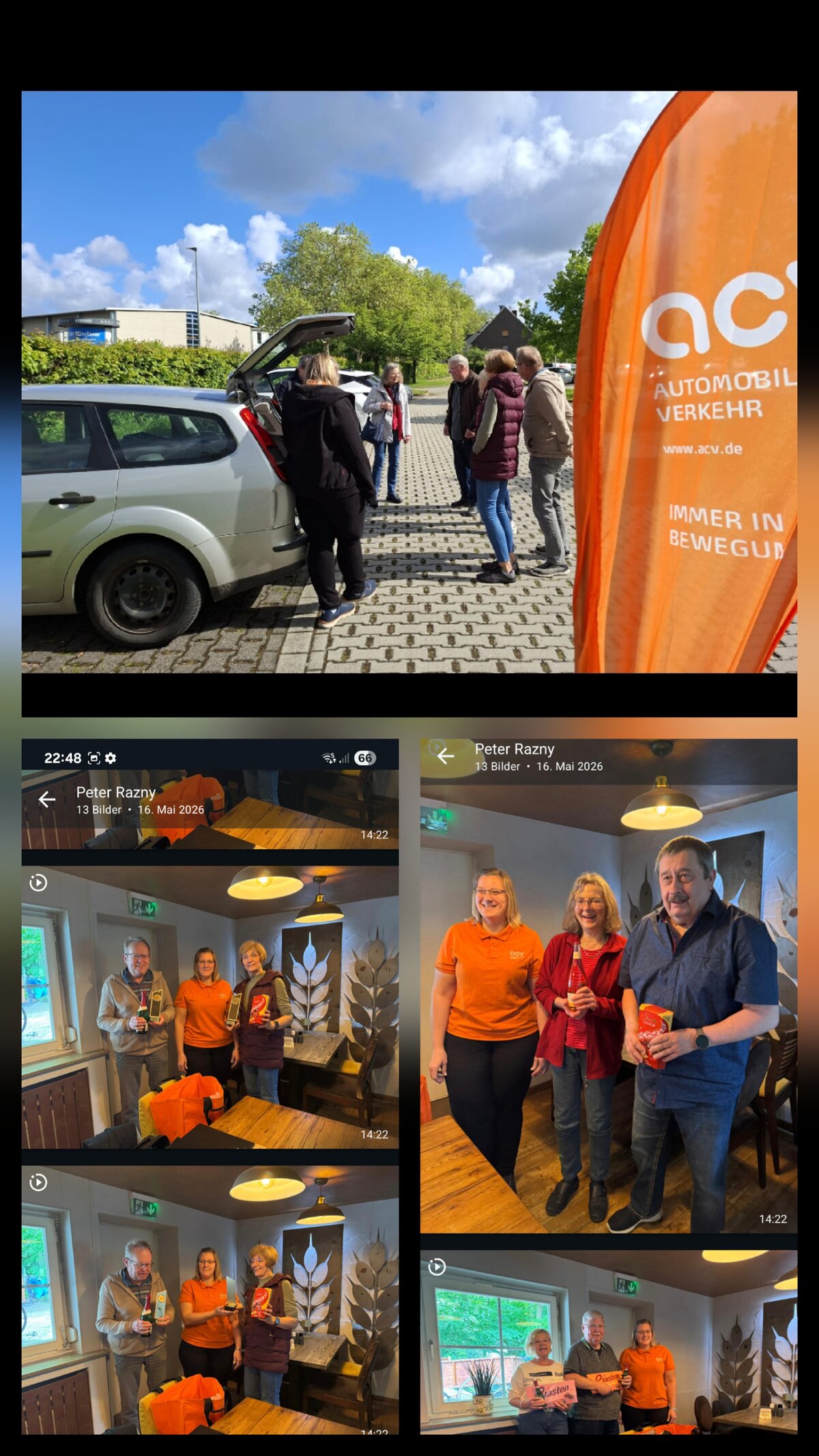 Eine Collage aus vier Fotos: Draußen versammeln sich Menschen vor einem geparkten Auto und einem orangefarbenen Banner, und drinnen posieren drei Paare gemeinsam, von denen einige Geschenke oder Urkunden in den Händen halten, im Hintergrund ist eine Wanddekoration aus Holz zu sehen.