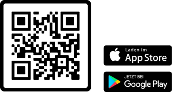 Neben den Symbolen für den Apple App Store und den Google Play Store wird ein QR-Code mit dem deutschen Text Laden im App Store und JETZT BEI Google Play angezeigt.