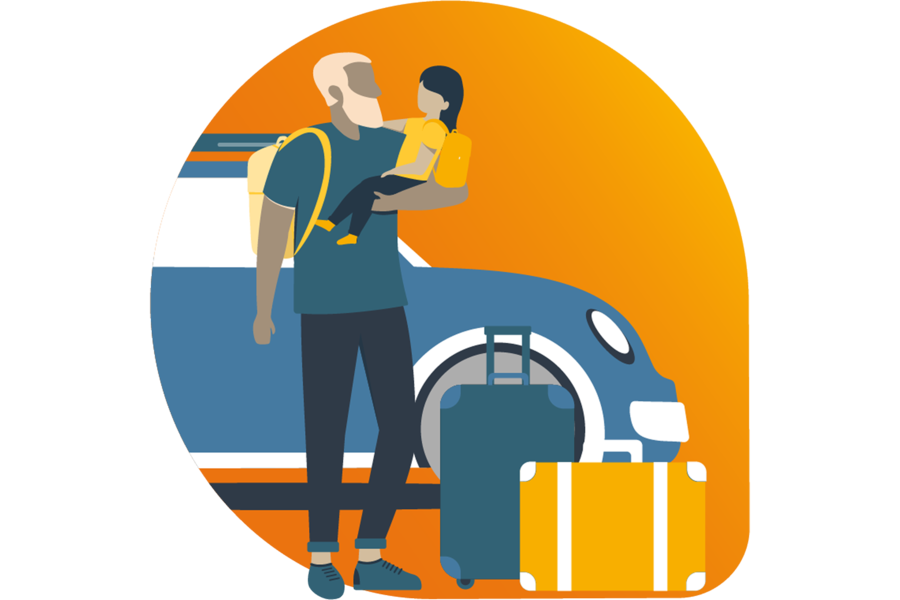 Illustration eines Mannes mit Kind im Arm und Reisegepäck im Hintergrund
