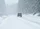 Auto fährt auf einer verschneiten Landstraße durch dichten Schneefall, umgeben von schneebedeckten Bäumen. Winterliche Straßenverhältnisse und Autofahren bei Schnee.