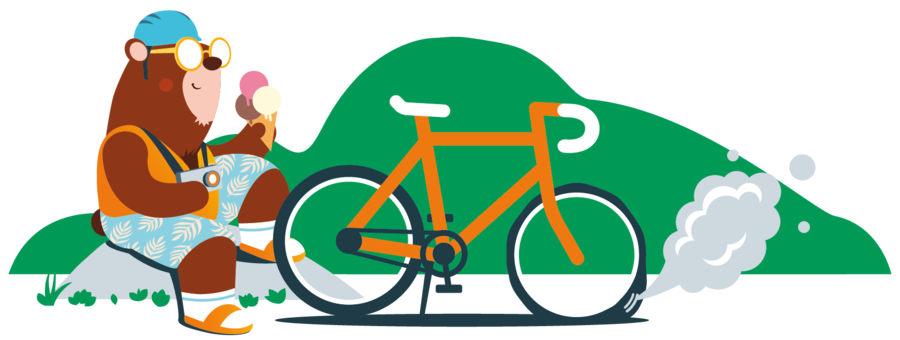 Illustration eines Bären mit Sonnenbrille und blauer Mütze, der auf einer Wiese sitzt und ein Eis isst. Vor ihm steht ein orangefarbenes Fahrrad, aus dessen Hinterrad Rauch oder Dampf aufsteigt. Im Hintergrund sind grüne Hügel zu sehen.