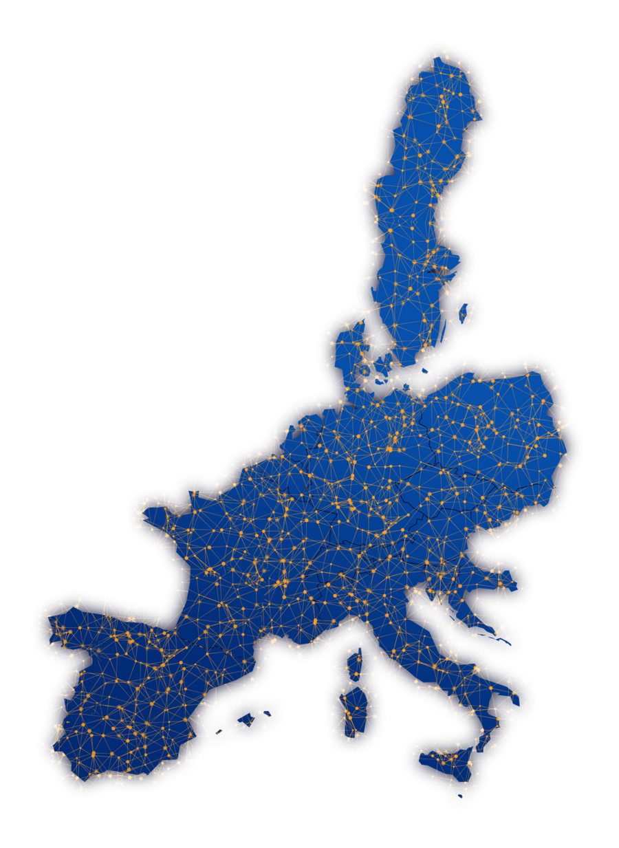 Schematische Darstellung des EnBW Hypernetzes als geografische Karte europäischer Staaten mit vielen gelben Punkten