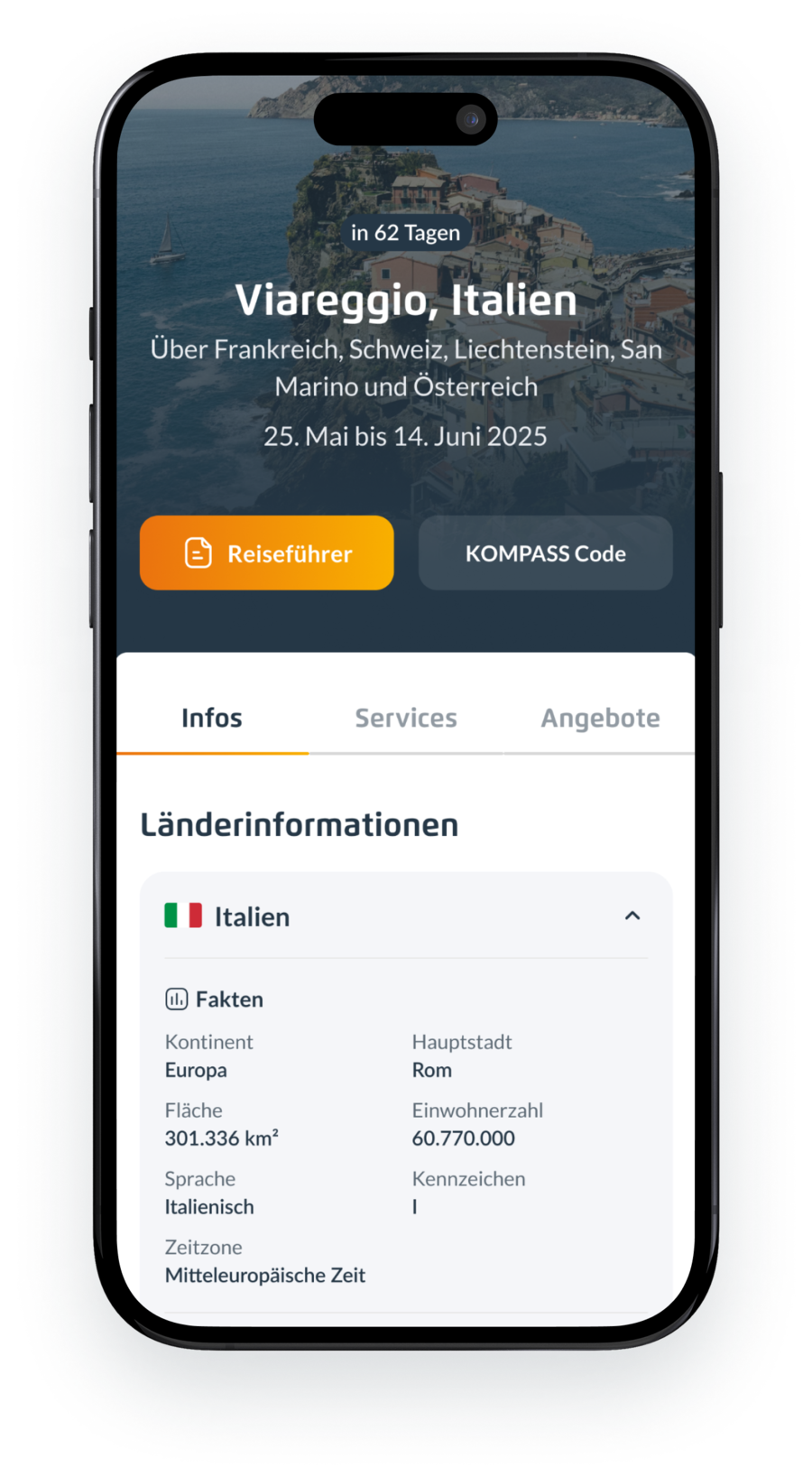 iphone mockup, das die digitale Tourenberatung in der ACV App zeigt
