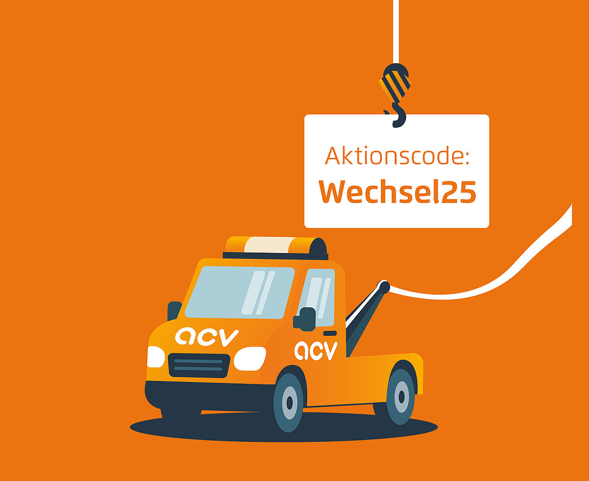 Illustration auf orangefarbenem Hintergrund: Ein illustrierter Abschleppwagen, daneben ein Schild, das auf einen Rabatt bei Online-Wechsel oder Vertragsabschluss hinweist.
