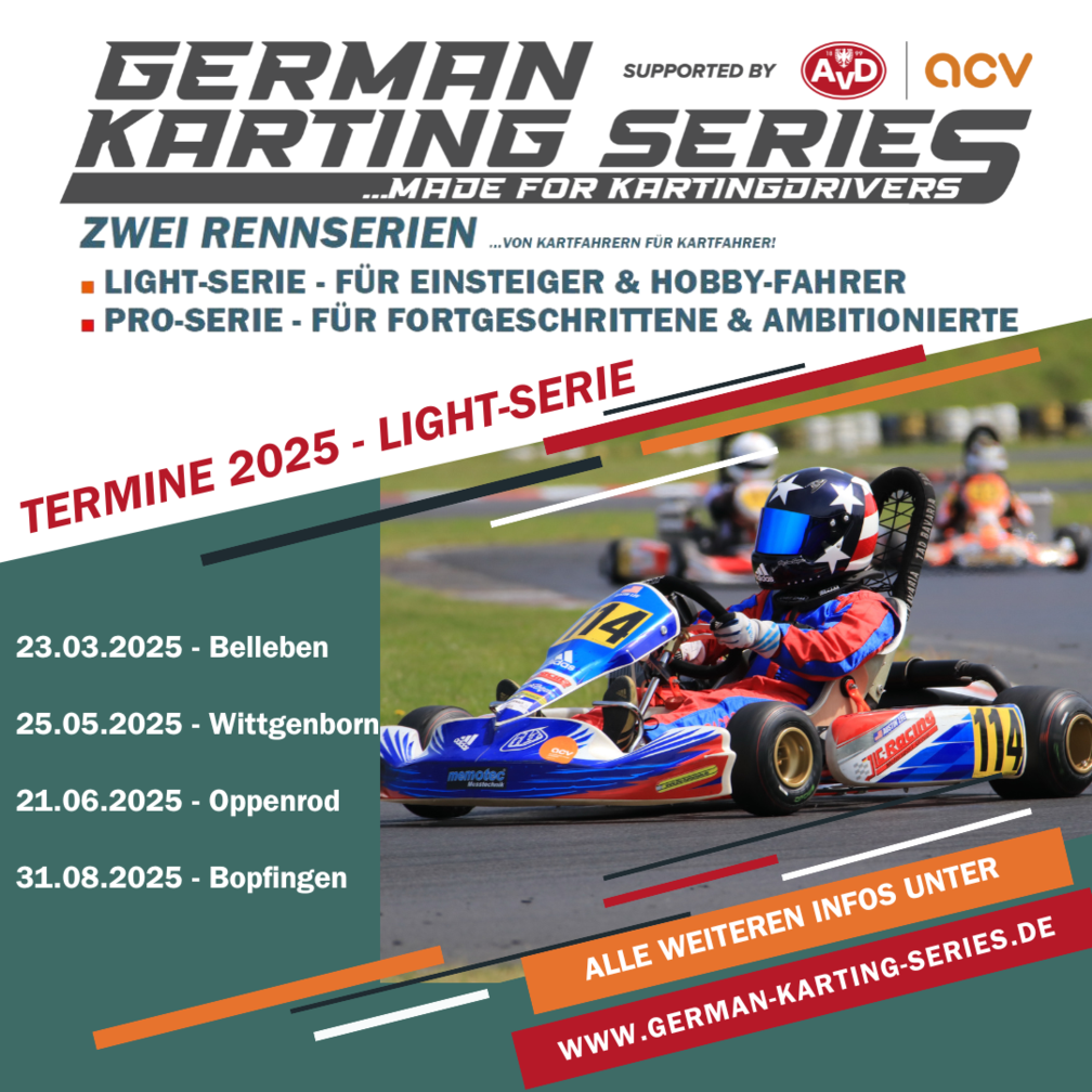 ACV German Karting Series: Werbeposter für die German Karting Series LIGHT 2025 mit einem Kartfahrer in Aktion im Vordergrund, begleitet von Texten zu Rennserien, Terminen und Veranstaltungsorten