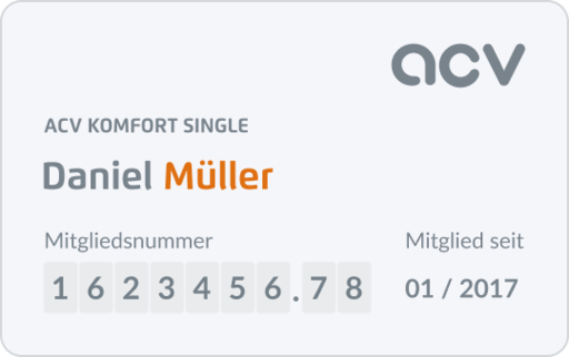 „Digitale Mitgliedskarte des ACV mit den Angaben: ACV Komfort, Name Daniel Müller, Mitgliedsnummer 623456.78, Mitglied seit 01/2017.“