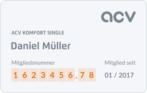 „Digitale ACV Mitgliedskarte mit den Angaben: ACV Komfort, Name Daniel Müller, Mitgliedsnummer 623456.78, Mitglied seit 01/2017.“