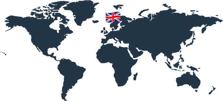 Eine dunkelgraue Weltkarte mit einer britischen Flagge über dem Vereinigten Königreich in Europa, die dessen Lage hervorhebt.