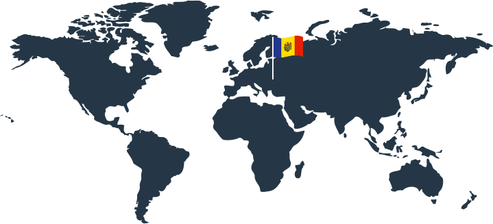 Eine Weltkarte mit der Flagge der Republik Moldau über Osteuropa, die die Lage des Landes anzeigt.