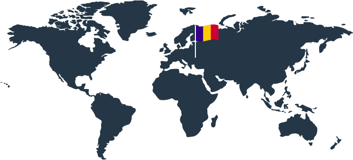 Eine Weltkarte mit einer Flagge, die in Osteuropa, insbesondere über Rumänien, weht. Die Flagge ist vertikal mit blauen, gelben und roten Streifen.