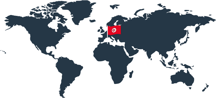Eine Weltkarte mit einer roten Flagge mit weißem Kreis und rotem Halbmondstern (tunesische Flagge) über Mitteleuropa, was geografisch nicht korrekt ist, da Tunesien in Nordafrika liegt.