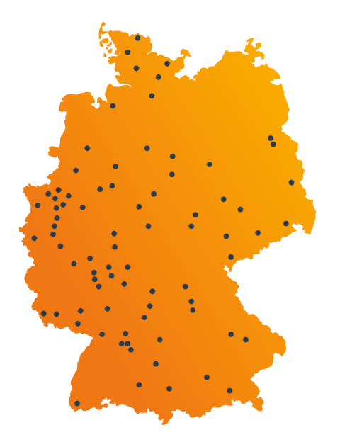 Orangene stilisierte Deutschlandkarte mit Markierungen für die Ortsclubs des ACV