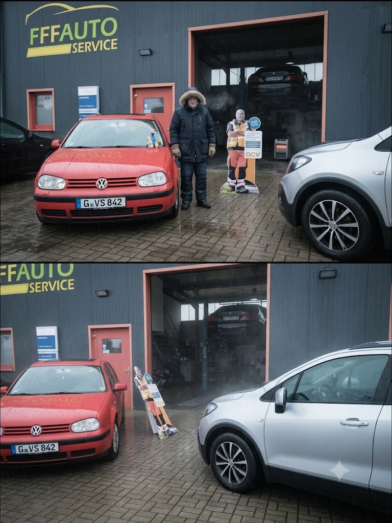 Zwei Fotos: Auf dem ersten steht eine Person in einem Parka neben einem roten Volkswagen und Pappfiguren vor einer Autowerkstatt. Auf dem zweiten sind das Auto und die Pappfiguren noch zu sehen, die Person ist jedoch verschwunden.