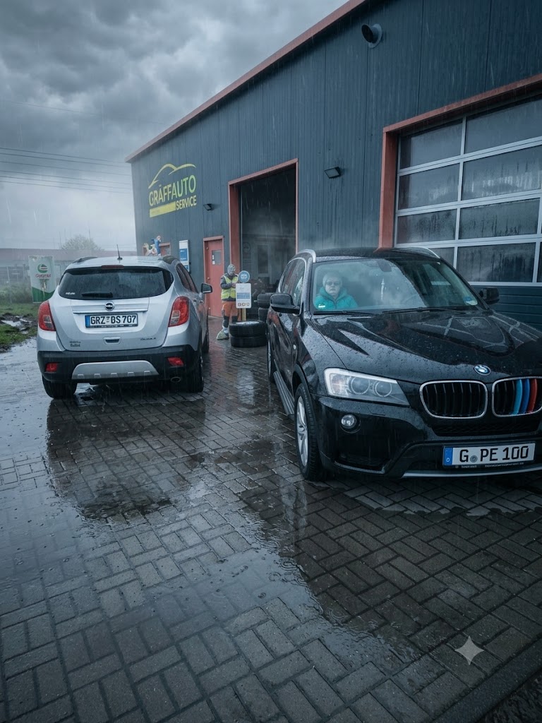 An einem regnerischen, bewölkten Tag stehen zwei Autos vor einer „Graffauto“-Werkstatt. Eine Person in einer gelben Weste steht in der Nähe des Eingangs, eine weitere Person sitzt in dem schwarzen Auto. Der Boden ist vom Regen nass.
