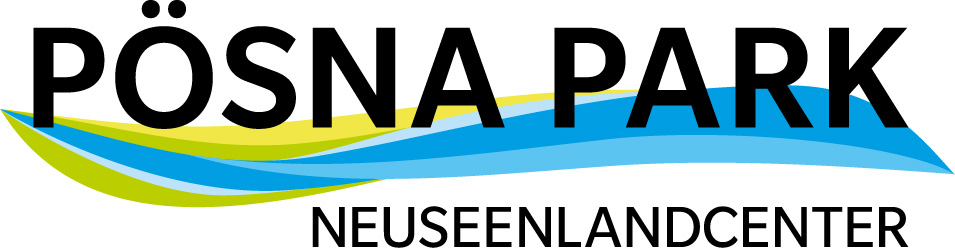 Logo des Einkaufszentrums „Pösna Park – Neuseenlandcenter“ mit blauen und grünen geschwungenen Linien.