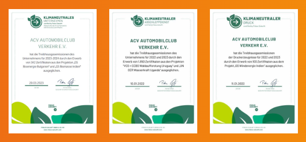3 klimaschutzzertifkate des ACV auf orangenem Grund