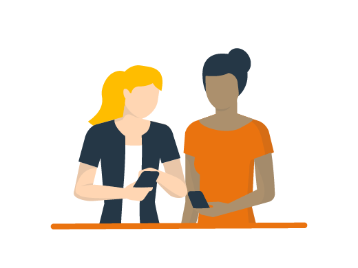 Abbildung von zwei Frauen, die nebeneinander stehen und beide ihr Smartphone in der Hand halten und darauf schauen. Die eine Frau hat helle Haut und blonde Haare, während die andere dunkle Haut und dunkles Haar hat, das zu einem Knoten zusammengebunden ist.