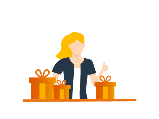Abbildung einer Frau mit blonden Haaren, die den Daumen hochhält und hinter drei orangefarbenen und gelben Geschenkboxen mit Schleifen steht, die auf einem Tisch vor einem einfarbigen Hintergrund stehen.