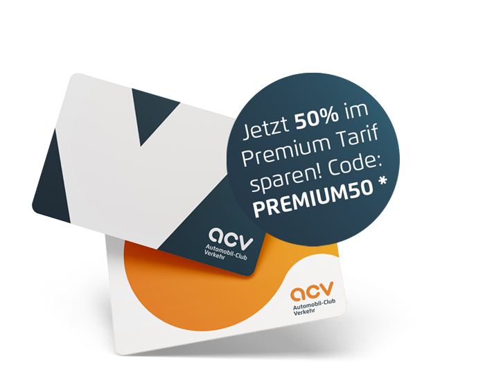 Eine ACV Mitgliedskarte mit modernem Design. Auf der Karte steht ein Hinweis auf 50 % Rabatt auf einen Premium-Service. Das Logo „ACV“ ist auf der Karte sichtbar.