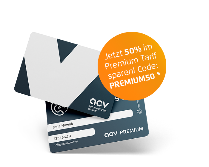 Eine ACV Mitgliedskarte mit modernem Design. Auf der Karte steht ein Hinweis auf 50 % Rabatt auf einen Premium-Service. Das Logo „ACV“ ist auf der Karte sichtbar.