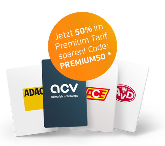 Karten verschiedener Automobilclubs werden gezeigt. Hinweis auf 50% Rabatt auf ACV Premium Tarif.