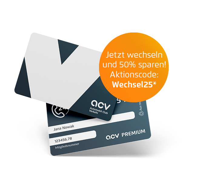 ACV Mitgliedskarten, daneben ein Kreis mit Text: 'Jetzt wechseln und 50 % sparen! Aktionscode: Wechsel25