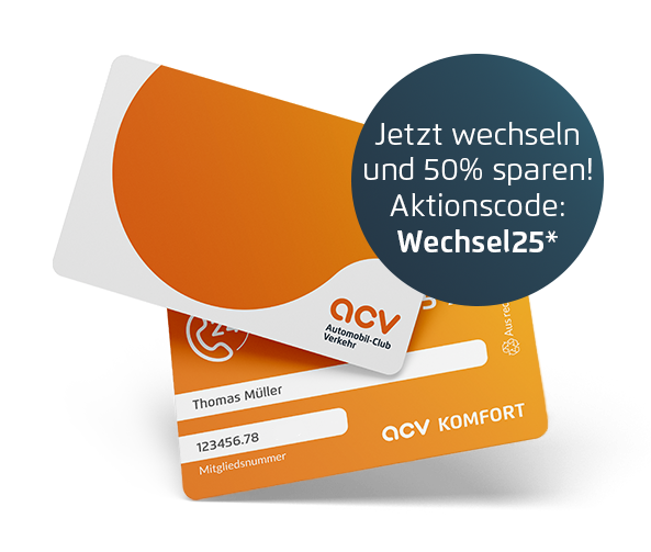 ACV Mitgliedskarten, daneben ein Kreis mit Text: 'Jetzt wechseln und 50 % sparen! Aktionscode: Wechsel25