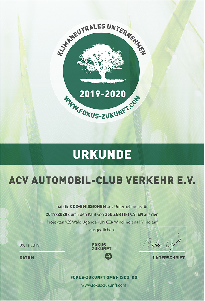 Klimaschutzurkunde des ACV