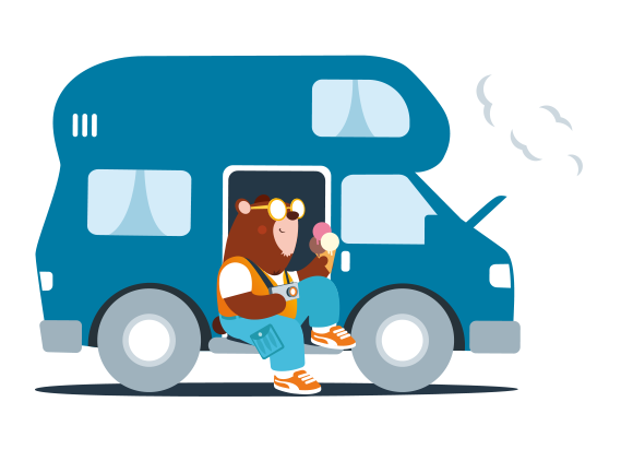 Illustration eines Bären mit Schutzbrille, der entspannt vor einem blauen Wohnmobil mit qualmendem Motor sitzt und Eis isst.